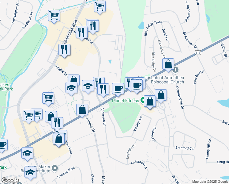 map of restaurants, bars, coffee shops, grocery stores, and more near 380 East Main Street in Hendersonville