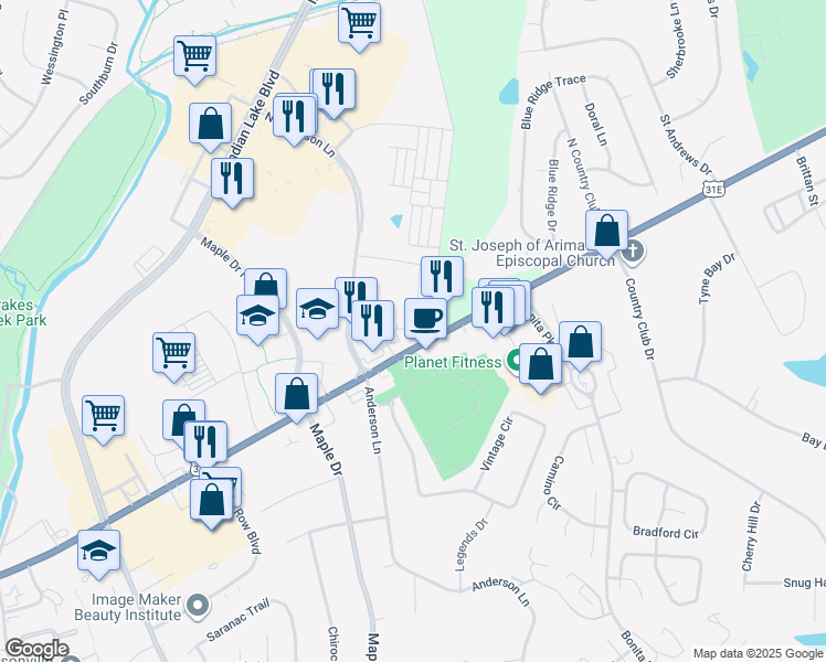 map of restaurants, bars, coffee shops, grocery stores, and more near 380 East Main Street in Hendersonville
