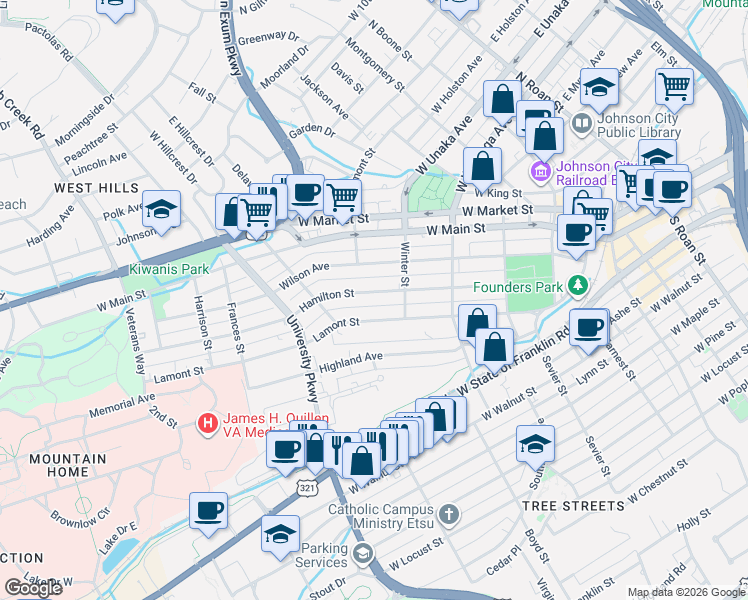 map of restaurants, bars, coffee shops, grocery stores, and more near 416 Lamont Street in Johnson City