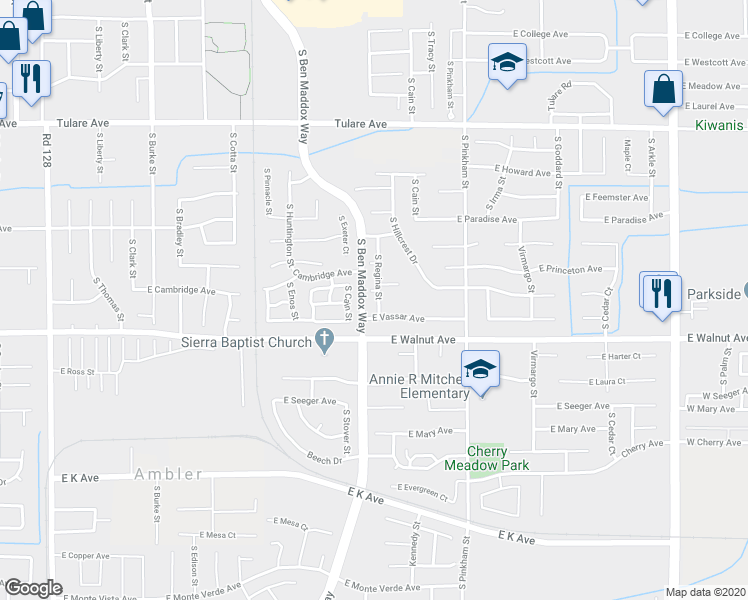 map of restaurants, bars, coffee shops, grocery stores, and more near 1719 East Cambridge Court in Visalia