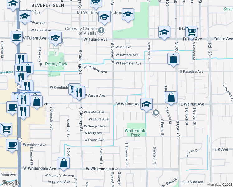 map of restaurants, bars, coffee shops, grocery stores, and more near 1911 South Conyer Street in Visalia