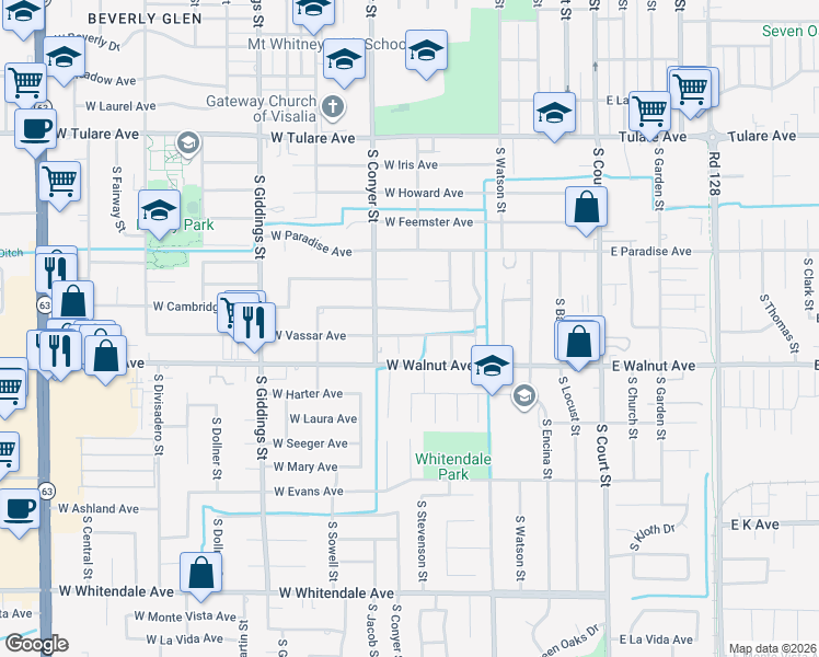 map of restaurants, bars, coffee shops, grocery stores, and more near 1914 South Stevenson Court in Visalia