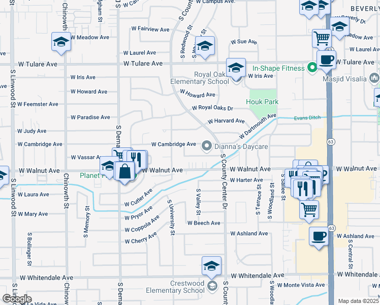 map of restaurants, bars, coffee shops, grocery stores, and more near 3130 West Vassar Avenue in Visalia