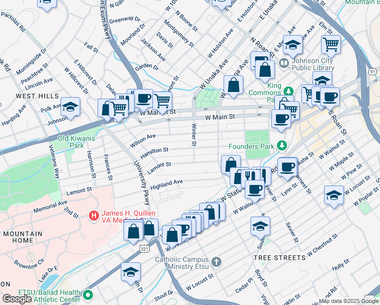 map of restaurants, bars, coffee shops, grocery stores, and more near 400 Lamont Street in Johnson City