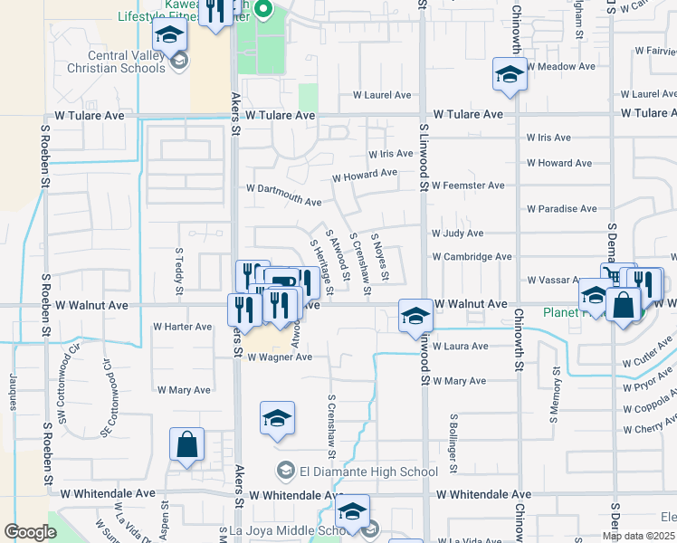 map of restaurants, bars, coffee shops, grocery stores, and more near 1829 South Atwood Street in Visalia