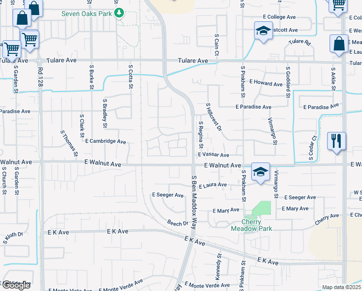 map of restaurants, bars, coffee shops, grocery stores, and more near 1604 East Castlecrest Avenue in Visalia