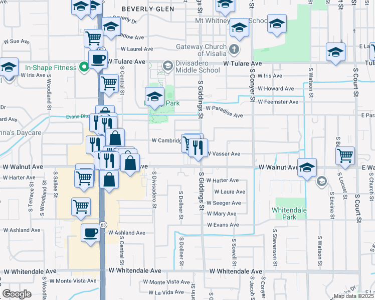 map of restaurants, bars, coffee shops, grocery stores, and more near 1402 West Vassar Avenue in Visalia
