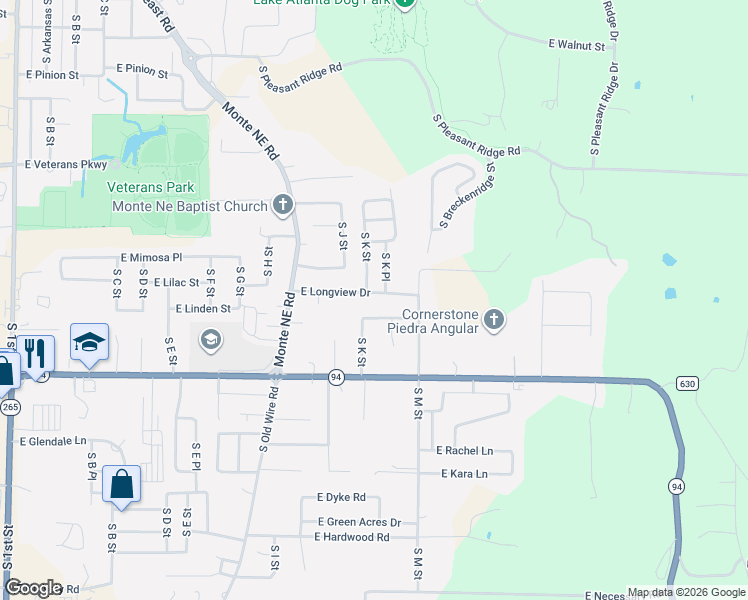 map of restaurants, bars, coffee shops, grocery stores, and more near 1800 South K Street in Rogers