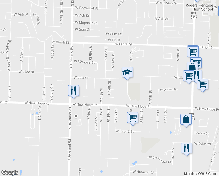 map of restaurants, bars, coffee shops, grocery stores, and more near 1818 S 14th St in Rogers
