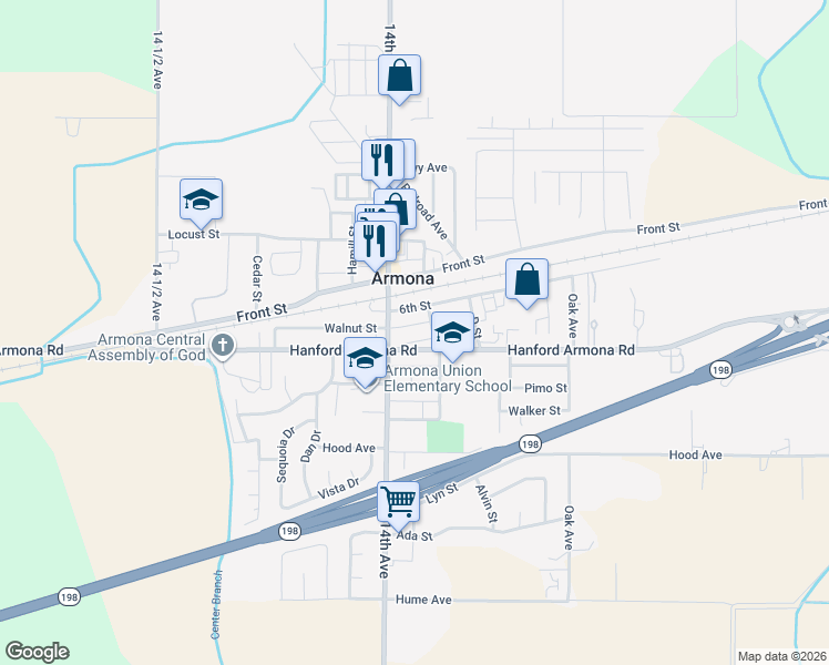 map of restaurants, bars, coffee shops, grocery stores, and more near 11075 C Street in Armona