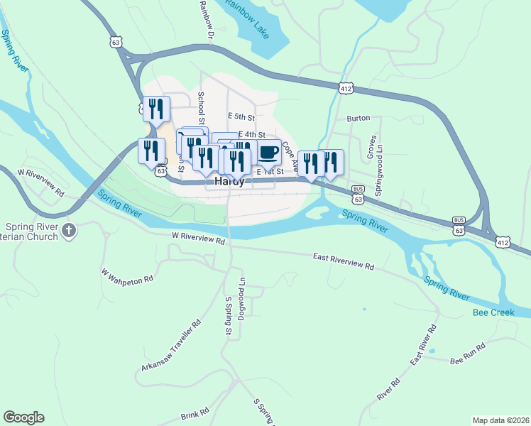 map of restaurants, bars, coffee shops, grocery stores, and more near 61 East Valley Drive in Hardy