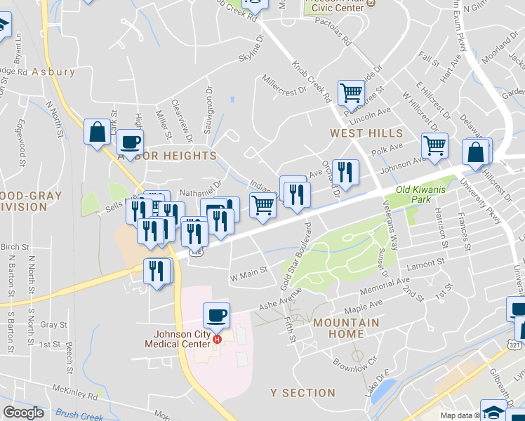 map of restaurants, bars, coffee shops, grocery stores, and more near 1201 Lincoln Avenue Exd in Johnson City