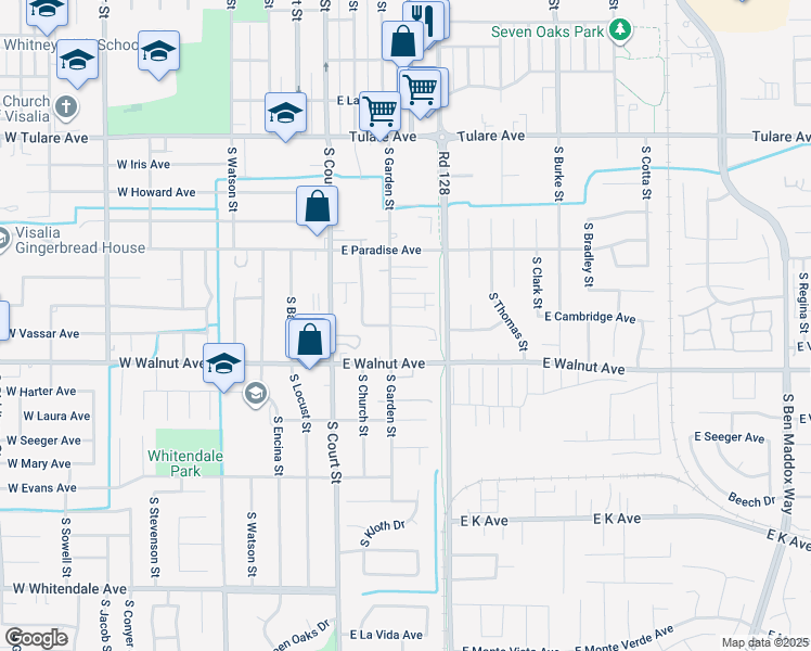 map of restaurants, bars, coffee shops, grocery stores, and more near 1850 South Garden Street in Visalia