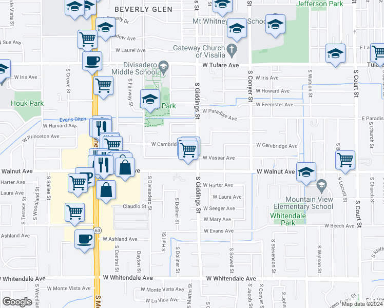 map of restaurants, bars, coffee shops, grocery stores, and more near in Visalia