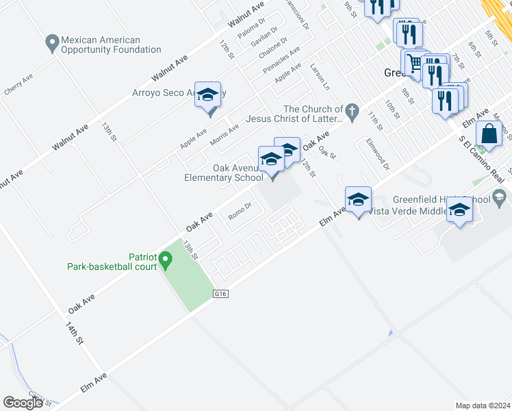 map of restaurants, bars, coffee shops, grocery stores, and more near 1256 Greenleaf Loop in Greenfield