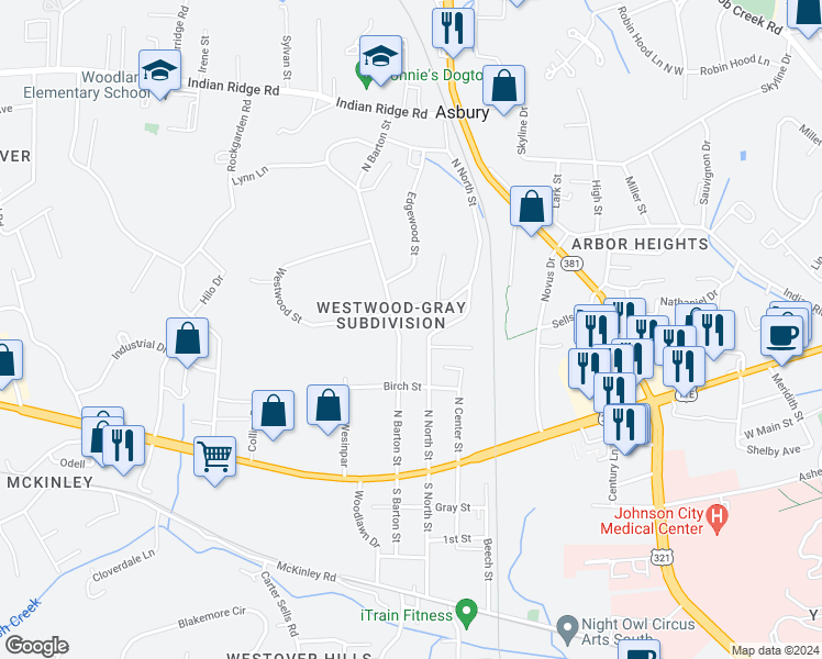 map of restaurants, bars, coffee shops, grocery stores, and more near 716 North Barton Street in Johnson City