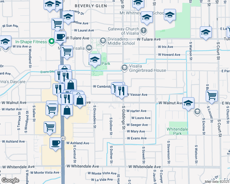 map of restaurants, bars, coffee shops, grocery stores, and more near 1400 West Vassar Avenue in Visalia