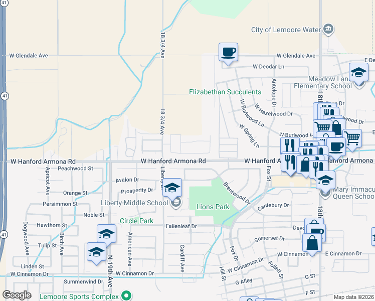map of restaurants, bars, coffee shops, grocery stores, and more near 18600-18676 West Hanford Armona Road in Lemoore