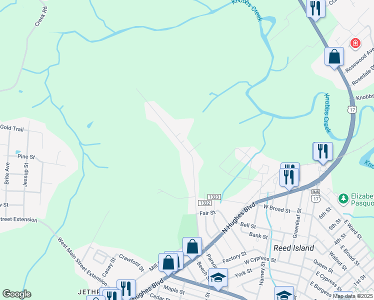 map of restaurants, bars, coffee shops, grocery stores, and more near 1101 Parsonage Street in Elizabeth City