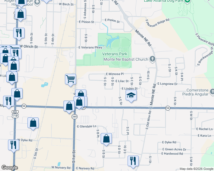 map of restaurants, bars, coffee shops, grocery stores, and more near 402 East Linden Street in Rogers