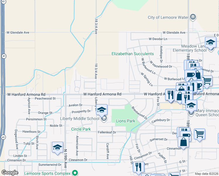 map of restaurants, bars, coffee shops, grocery stores, and more near 18600-18698 Hanford Armona Road in Lemoore