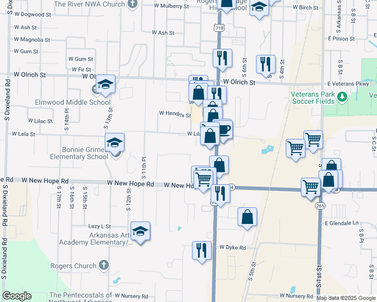 map of restaurants, bars, coffee shops, grocery stores, and more near 905 West Linden Street in Rogers