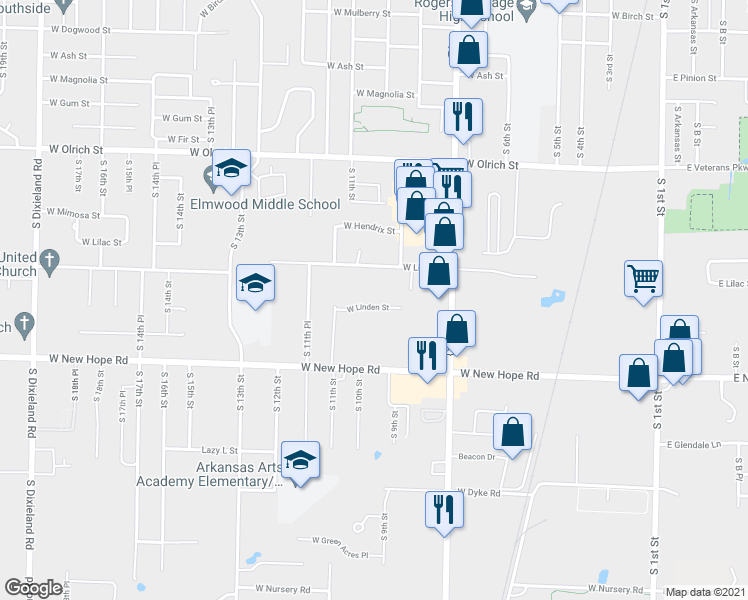 map of restaurants, bars, coffee shops, grocery stores, and more near 1005 West Linden Street in Rogers