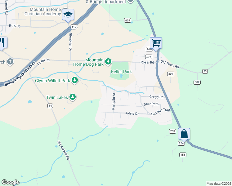 map of restaurants, bars, coffee shops, grocery stores, and more near 3117 Partipilo Street in Mountain Home