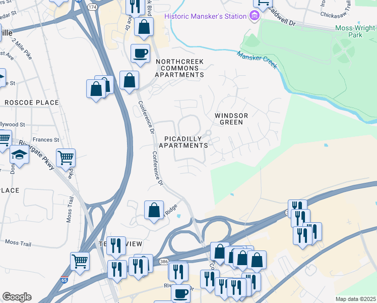 map of restaurants, bars, coffee shops, grocery stores, and more near 1038 Windsor Green Boulevard in Goodlettsville