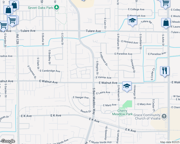 map of restaurants, bars, coffee shops, grocery stores, and more near 1912 South Cain Street in Visalia