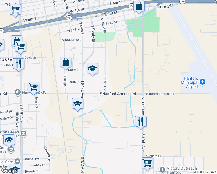 map of restaurants, bars, coffee shops, grocery stores, and more near 240 East Hanford Armona Road in Hanford