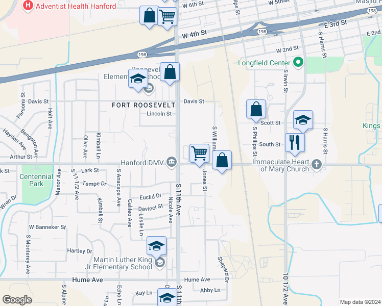 map of restaurants, bars, coffee shops, grocery stores, and more near 10900-10942 Hanford Armona Road in Hanford