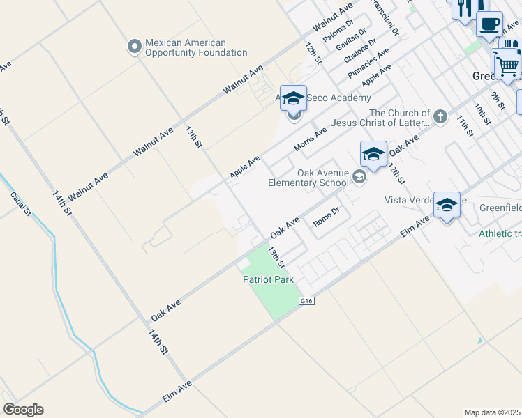 map of restaurants, bars, coffee shops, grocery stores, and more near 1294 Oak Avenue in Greenfield