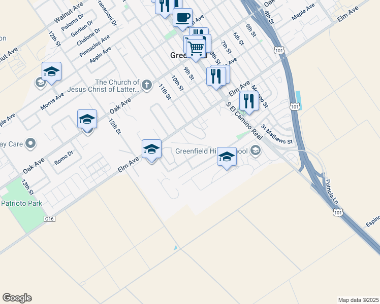 map of restaurants, bars, coffee shops, grocery stores, and more near 1016 Emily Circle in Greenfield
