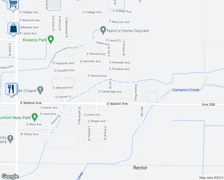 map of restaurants, bars, coffee shops, grocery stores, and more near 4102 East Cambridge Avenue in Visalia