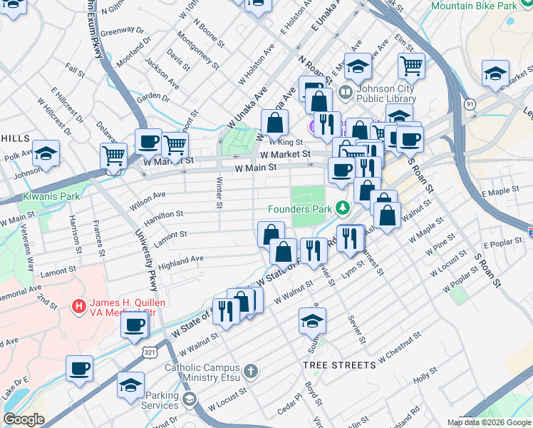map of restaurants, bars, coffee shops, grocery stores, and more near 219 Lamont Street in Johnson City