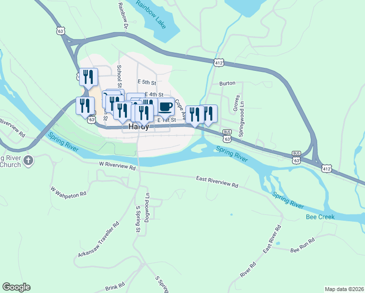 map of restaurants, bars, coffee shops, grocery stores, and more near 61 East Valley Drive in Hardy