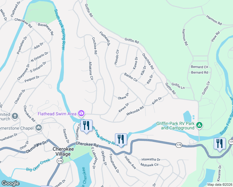 map of restaurants, bars, coffee shops, grocery stores, and more near 138 Flathead Drive in Cherokee Village