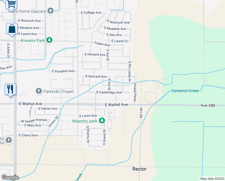 map of restaurants, bars, coffee shops, grocery stores, and more near 4114 East Cambridge Avenue in Visalia