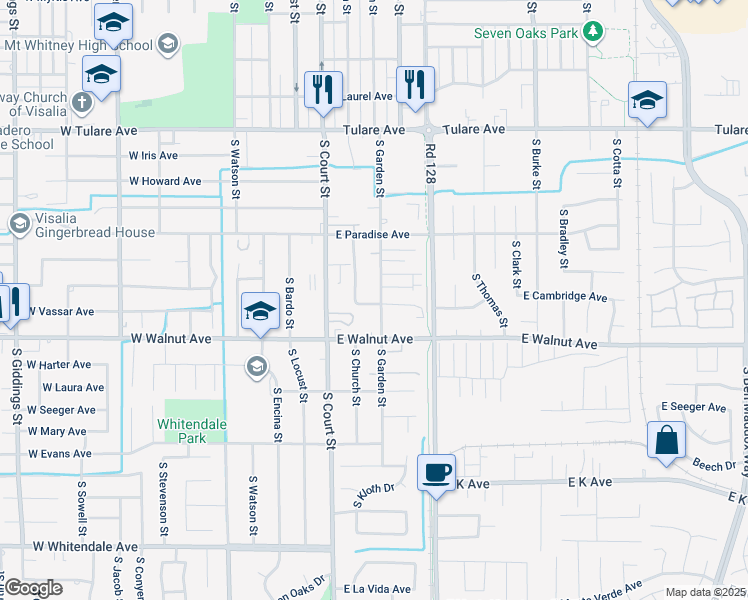 map of restaurants, bars, coffee shops, grocery stores, and more near 1918 South Court Street in Visalia