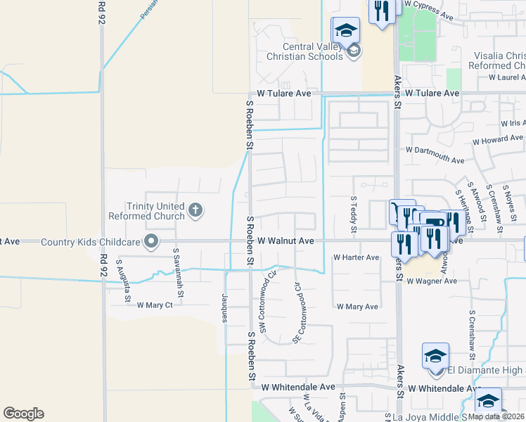 map of restaurants, bars, coffee shops, grocery stores, and more near 1911 South Anthony Court in Visalia
