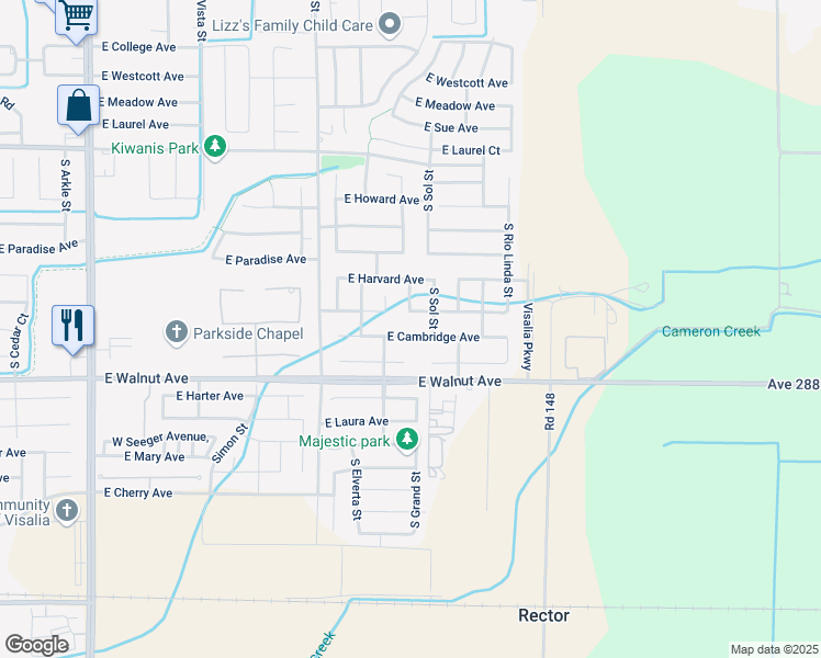 map of restaurants, bars, coffee shops, grocery stores, and more near 1743 Grand Street in Visalia
