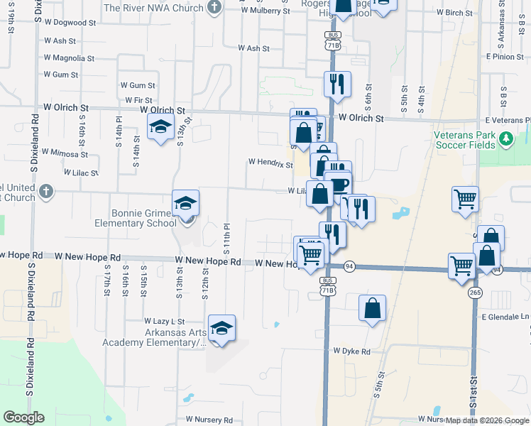 map of restaurants, bars, coffee shops, grocery stores, and more near 900 West Lilac Street in Rogers