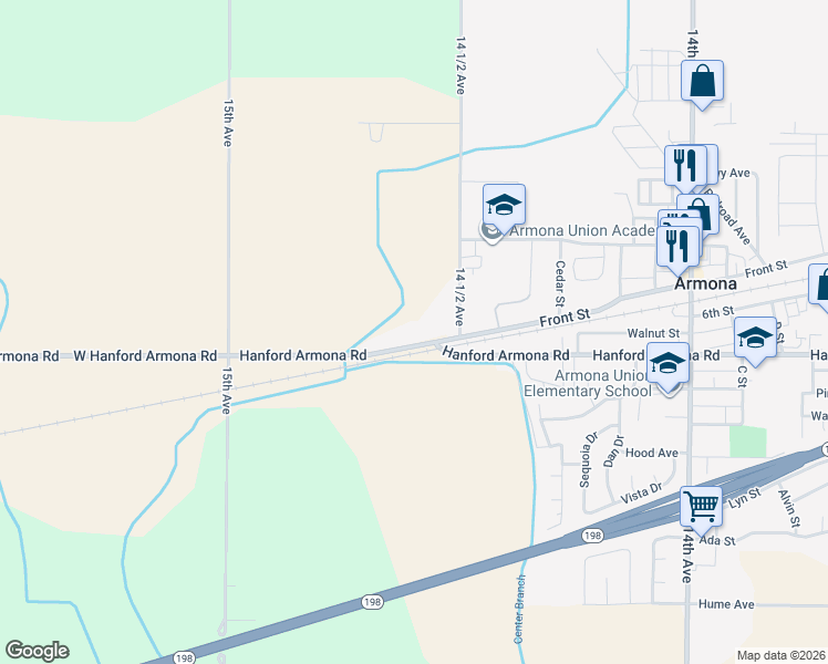 map of restaurants, bars, coffee shops, grocery stores, and more near 14570 Hanford Armona Road in Hanford