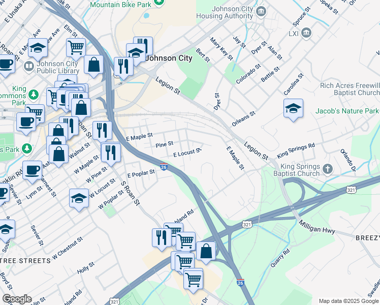 map of restaurants, bars, coffee shops, grocery stores, and more near 701 East Locust Street in Johnson City