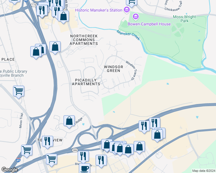 map of restaurants, bars, coffee shops, grocery stores, and more near 120 Butleigh Court in Goodlettsville