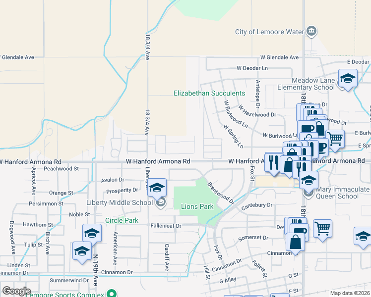 map of restaurants, bars, coffee shops, grocery stores, and more near 18600 Hanford Armona Road in Lemoore