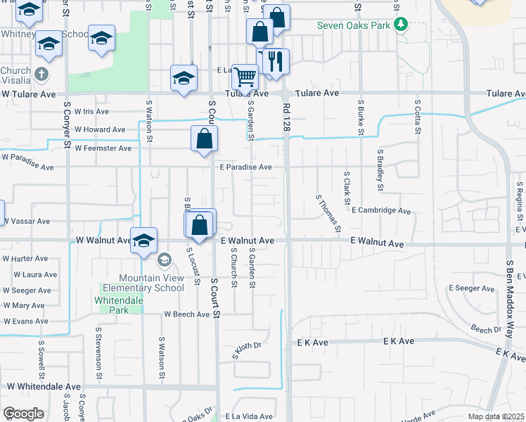 map of restaurants, bars, coffee shops, grocery stores, and more near 1818 South Garden Street in Visalia