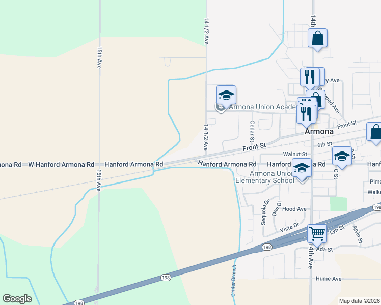map of restaurants, bars, coffee shops, grocery stores, and more near 14570 Hanford Armona Road in Hanford