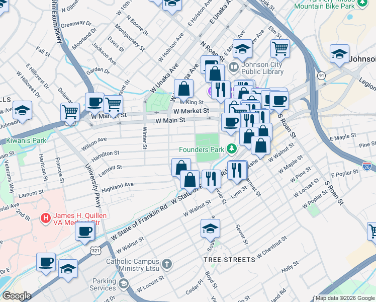 map of restaurants, bars, coffee shops, grocery stores, and more near 204 Whitney Street in Johnson City